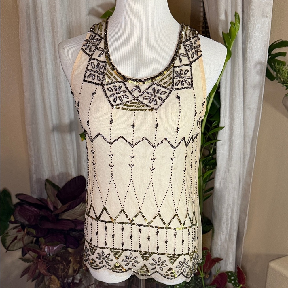 Foreign Exchange Cream and Gold Embellished Tank Top